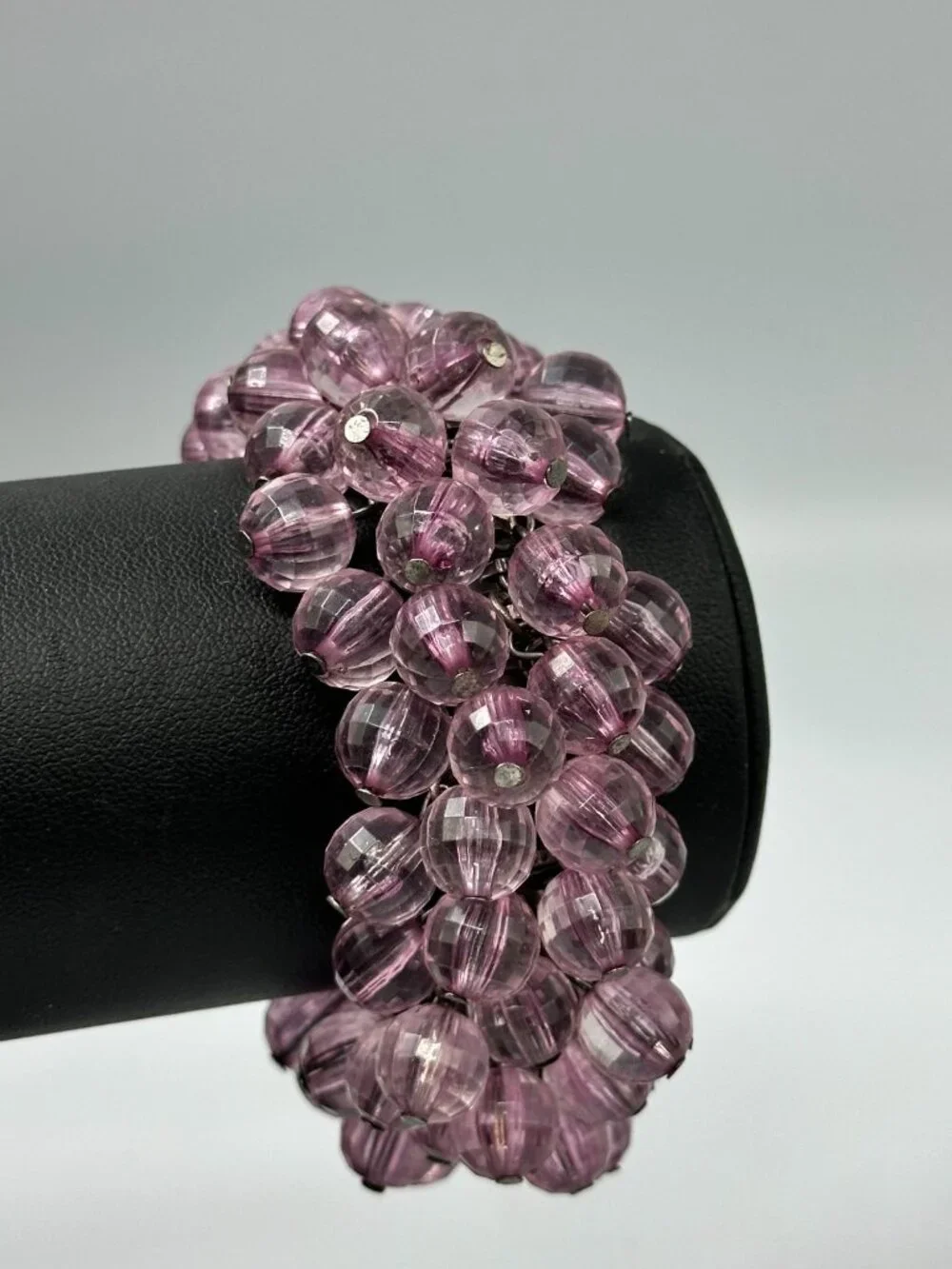 Vintage Cha Cha Expansion Bracelet Purple Faceted Round Beads Silver Tone